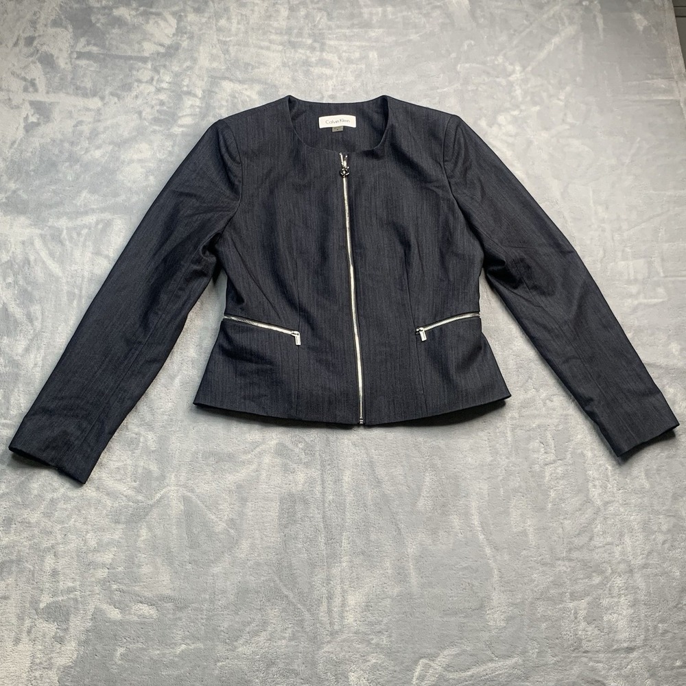 Calvin Klein Women's Full Zip Collarless Charcoal Blazer Size 8